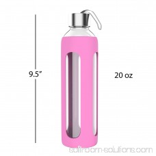 Glass Water Bottle- 20 Ounce BPA Free Bottle with Protective Silicone Sleeve, Leak Proof Lid and Carrying Loop by Classic Cuisine (Available in Green, Blue, Red, and Pink) 568326421